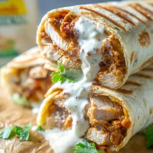 A close-up of a quick cheesy chicken wrap, showing melted cheese and tender chicken.
