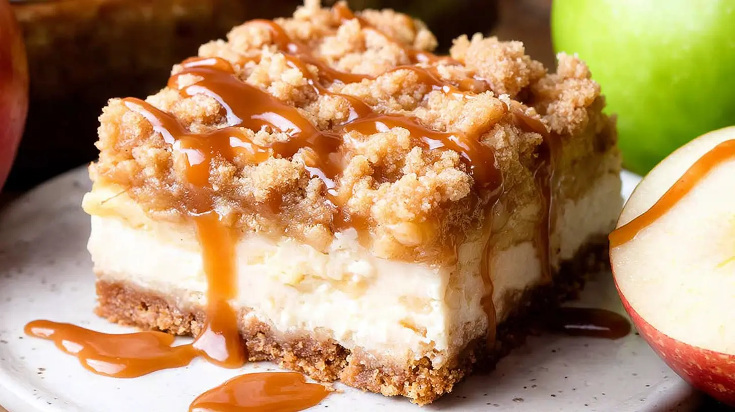 Rich Caramel Apple Cheesecake Bars displayed on a serving platter.