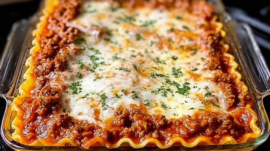 Delicious million dollar Italian lasagna with bubbling cheese and savory sauce.