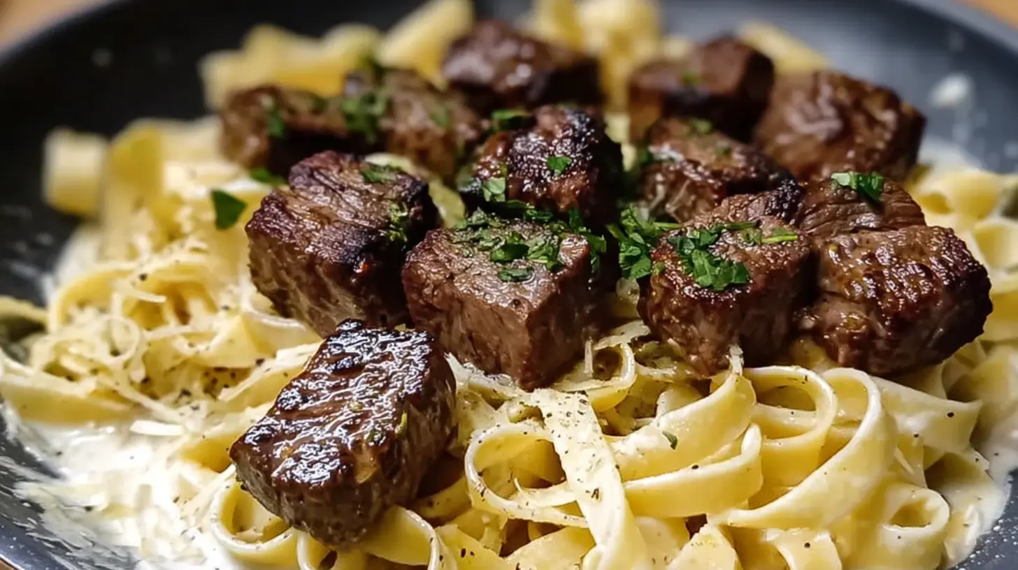 Delicious steak and parmesan pasta in a white bowl, ready to be served.