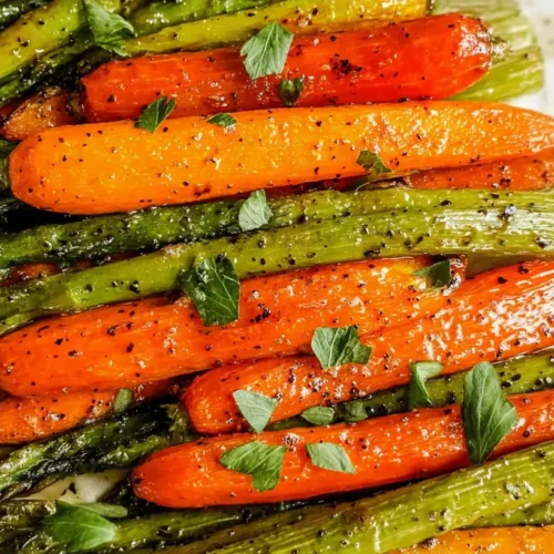 Roasted carrots and asparagus spears seasoned and ready to serve