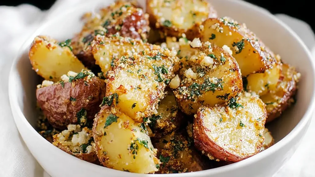 Roasted garlic parmesan potatoes, perfectly seasoned and crispy.