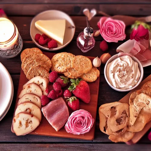 A table set with romantic valentines meal ideas for two, featuring candlelight and a main course.