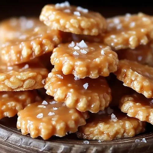 A close-up of salted caramel cracker bites, showcasing their sweet and salty coating.