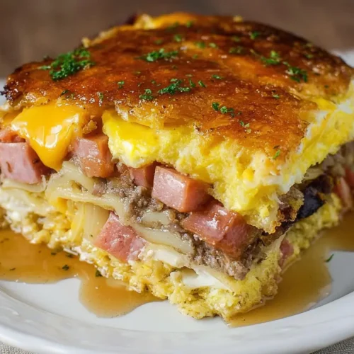 A freshly baked savory breakfast lasagna, rich with layers of morning flavors.