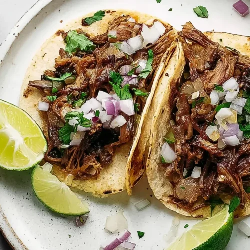 Close-up of delicious carnitas tacos, garnished and ready to eat