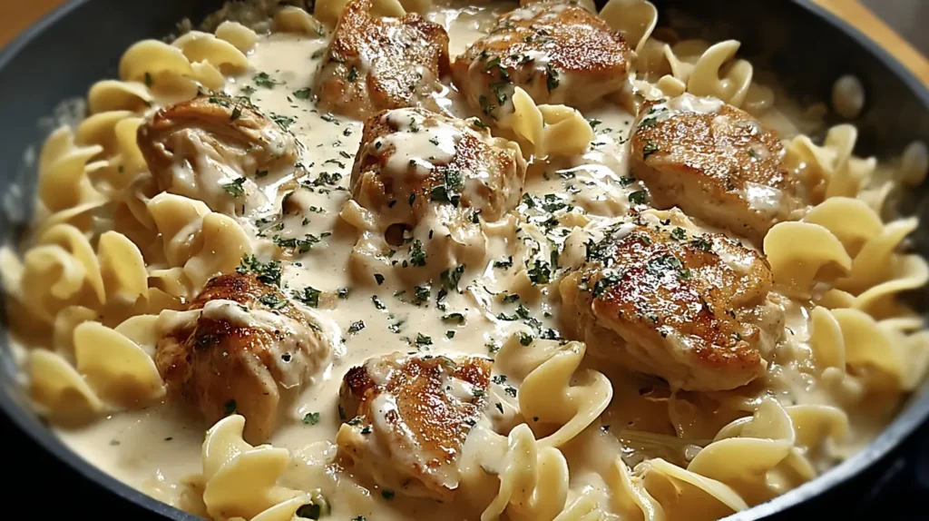 Delicious chicken and buttered noodles in a bowl.