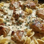 Delicious chicken and buttered noodles in a bowl.