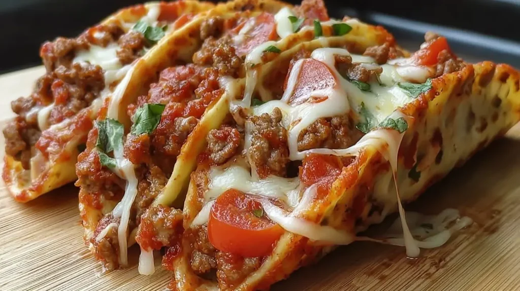 Close-up of meat lovers pizza tacos with abundant toppings and melted cheese