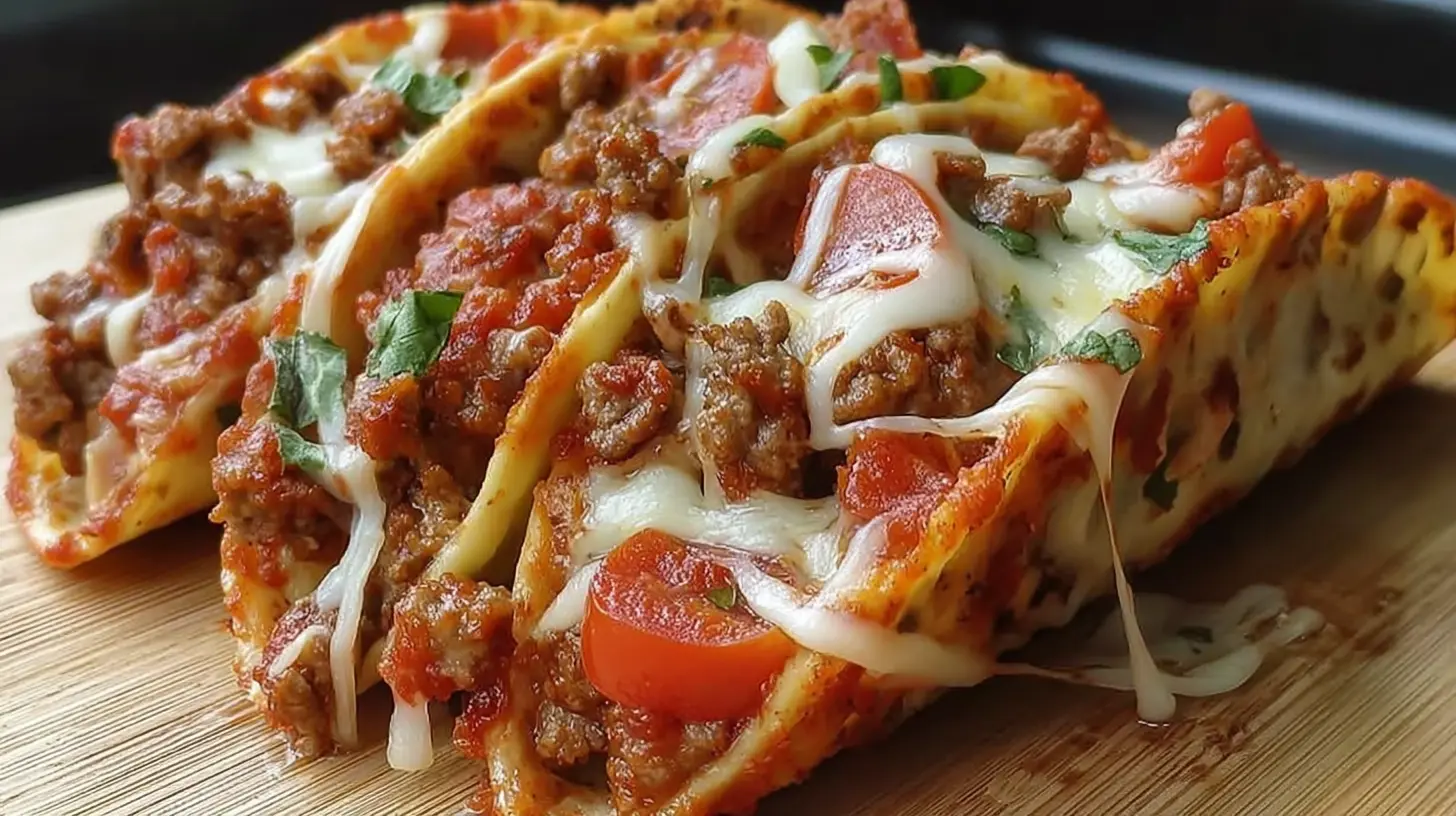 Close-up of meat lovers pizza tacos with abundant toppings and melted cheese