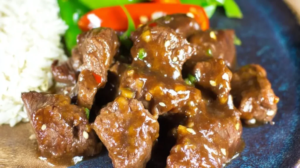 A serving of delicious sticky steak bites arranged appealingly
