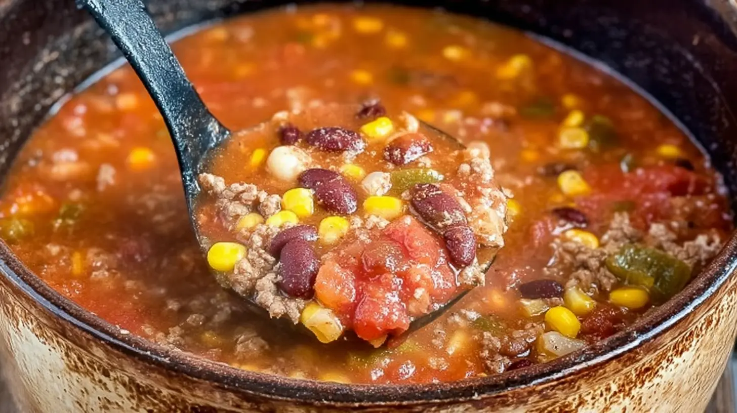 Close-up of a vibrant taco soup featuring ranch packet flavor, ready to be served.