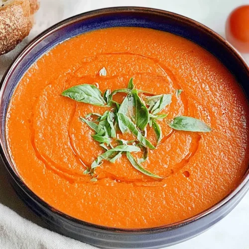 A hot bowl of savory tomato bisque soup, ready to be served.