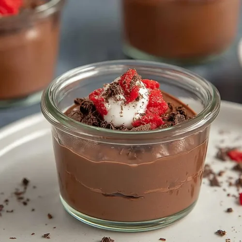 A smooth and creamy silken tofu chocolate mousse in a glass ramekin.