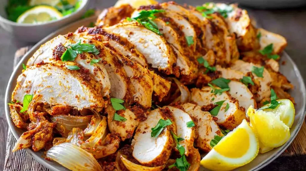 Delicious chicken shawarma thinly sliced from a vertical rotisserie.