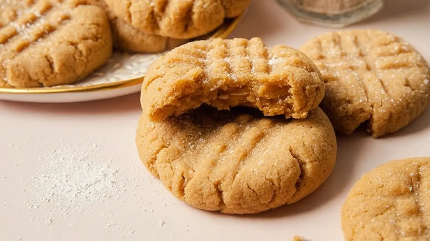 Three soft peanut butter cookies stacked on a cooling rack