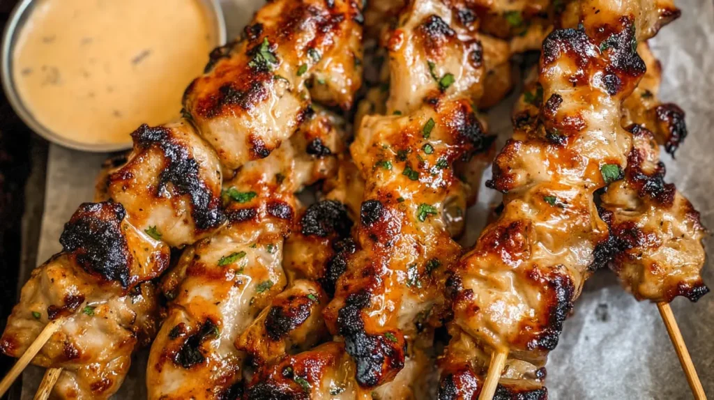 Closeup of spicy bang bang chicken skewers, ready to be served.