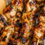 Closeup of spicy bang bang chicken skewers, ready to be served.