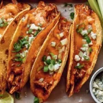 Two buffalo chicken tacos filled with slaw and sauce