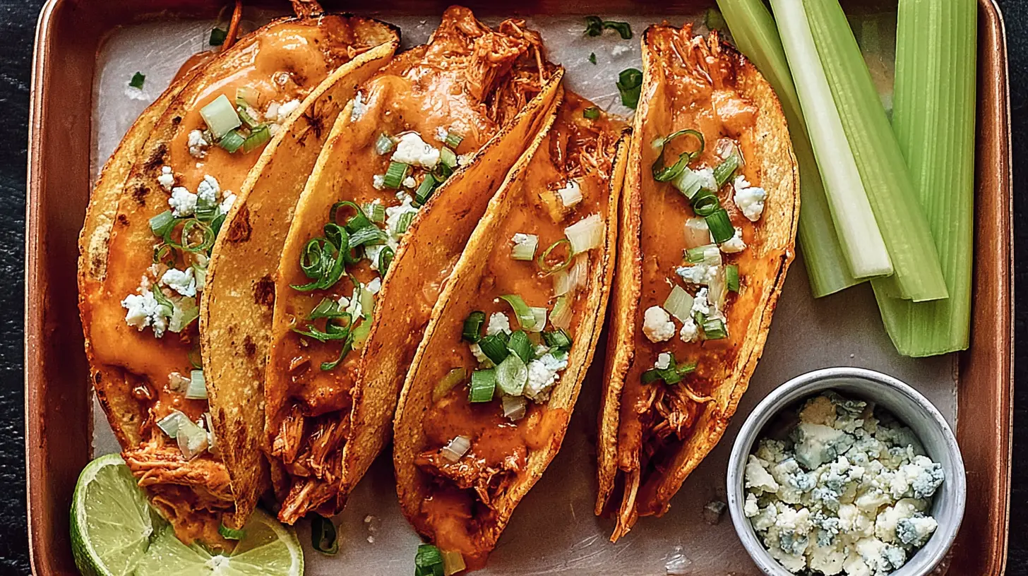 Two buffalo chicken tacos filled with slaw and sauce
