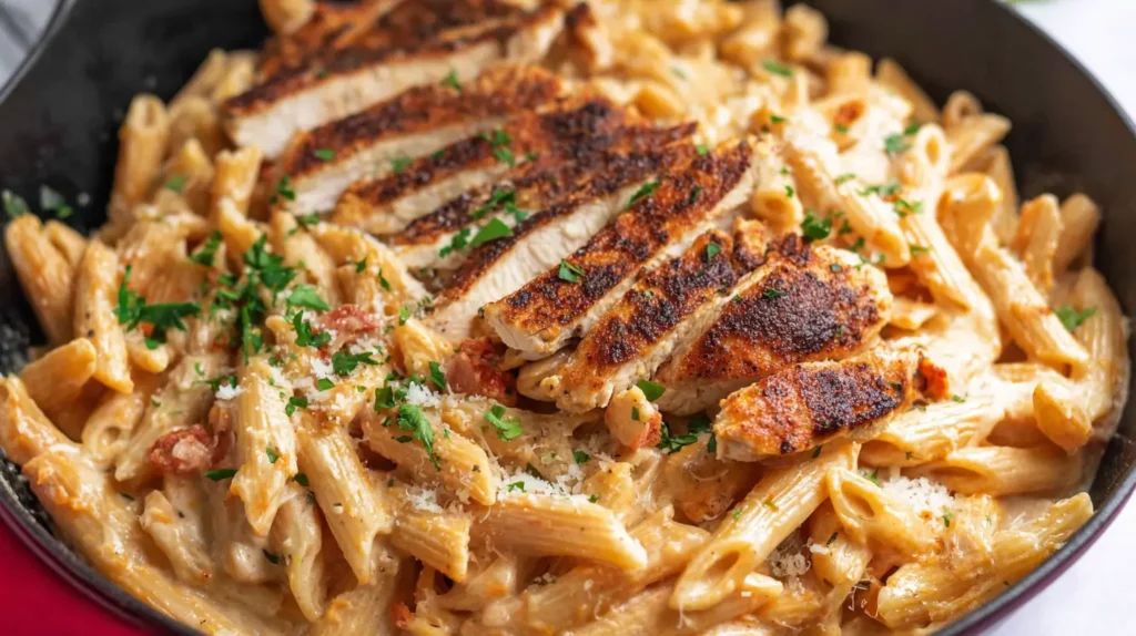 Close-up of a bowl of spicy creamy cajun chicken pasta featuring tender chicken pieces.