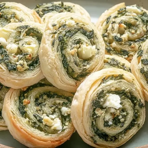 A close-up view of freshly baked spinach pinwheels, golden brown and flaky.