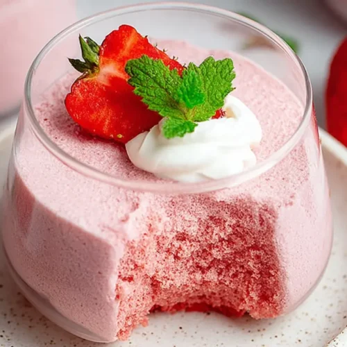 A serving of delicate strawberry mousse in a glass dish