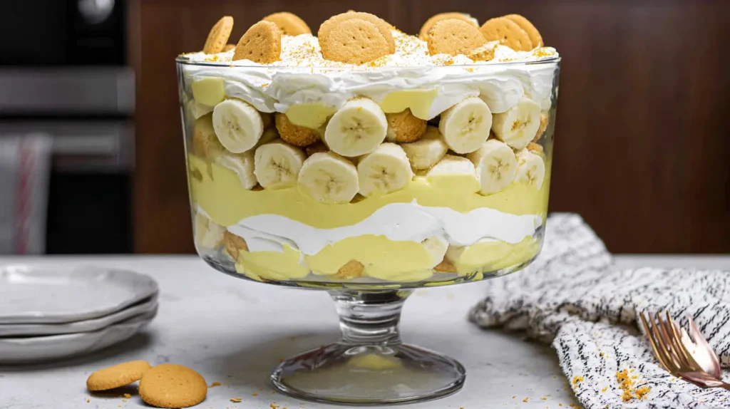Delicious banana pudding trifle, showcasing its creamy and fruity layers in a clear dish