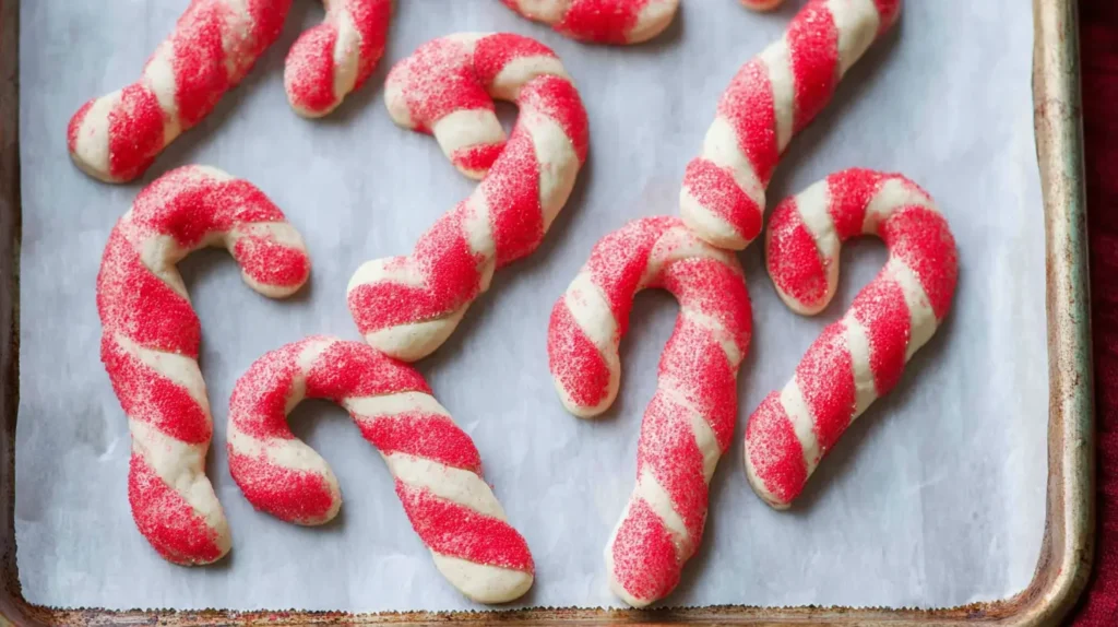 Closeup of homemade candy cane cookies, showcasing their iconic striped design and festive colors.