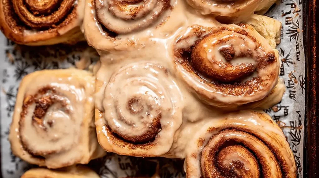 Closeup of soft chai cinnamon rolls with glaze