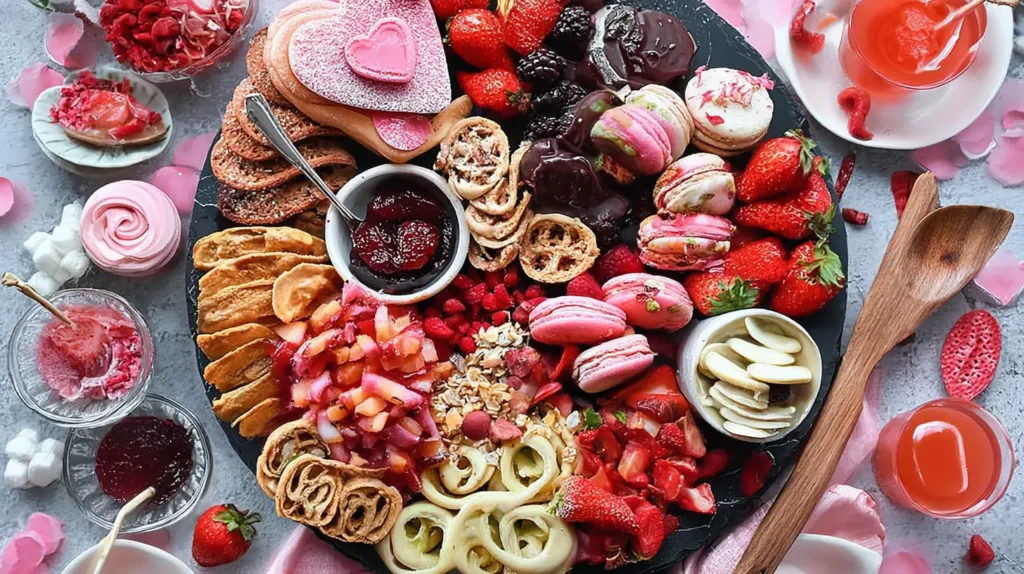 An assortment of sweet and savory valentines themed food for a romantic meal