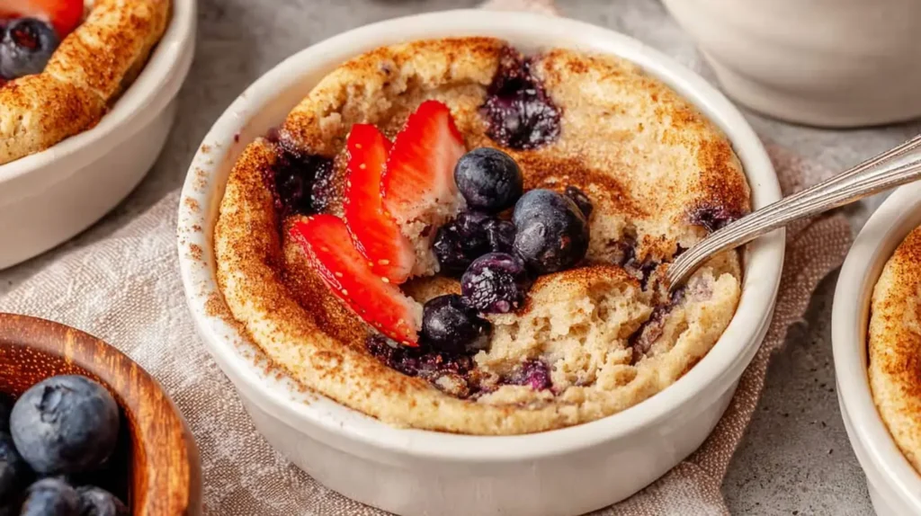 Overhead view of baked protein pancake bowls ready to eat