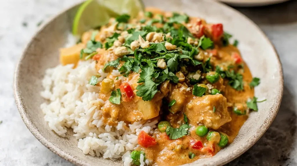 Spicy Thai Peanut Chicken garnished with herbs