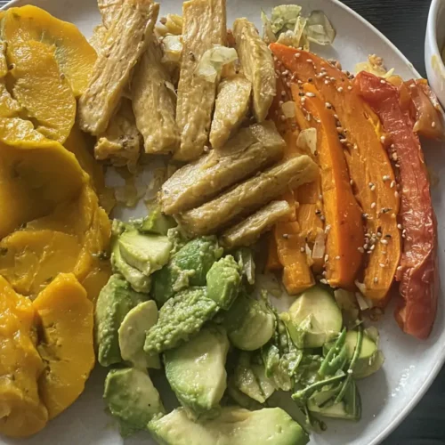 A vibrant image of a plated vegan dinner recipe that is gluten-free