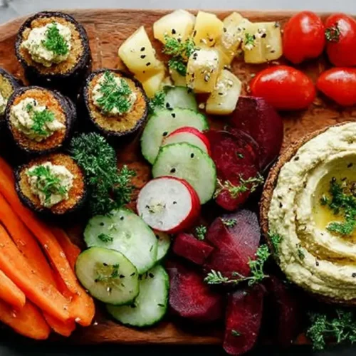 A variety of artfully arranged vegan savory appetizers on a platter.
