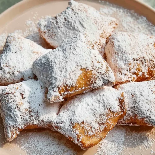 A plate of freshly made beignets dusted with powdered sugar, ready to be enjoyed.
