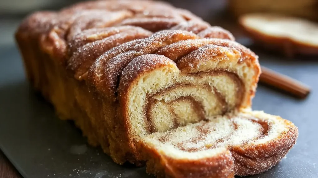 Warm cinnamon donut bread, perfectly swirled on a cooling rack