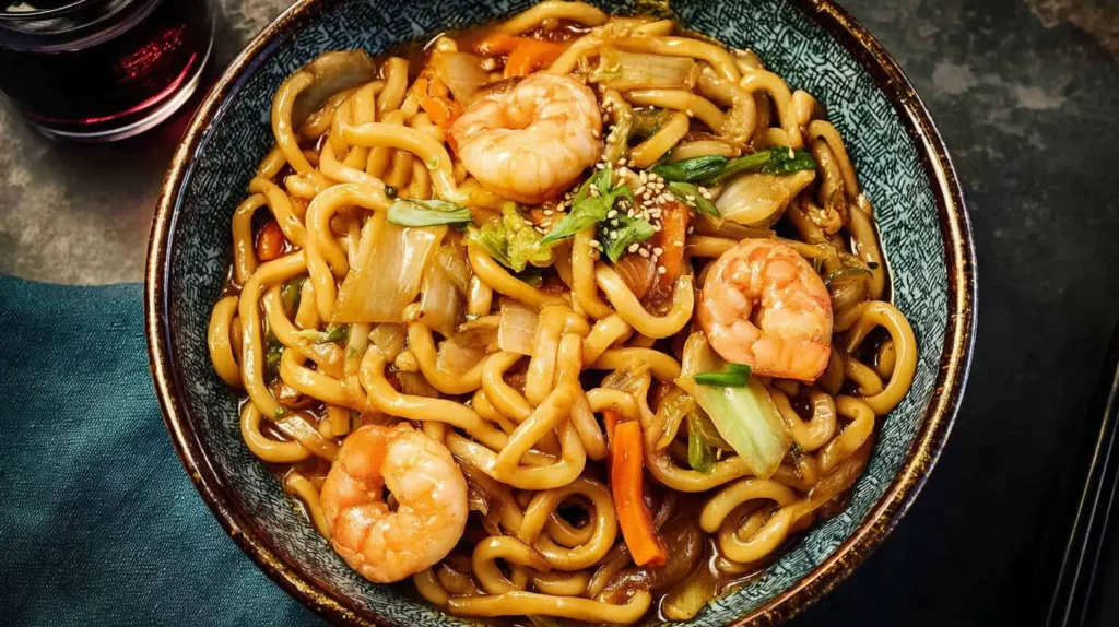 Close-up of stir-fried Yaki Udon noodles generously mixed with shrimp and sauce.