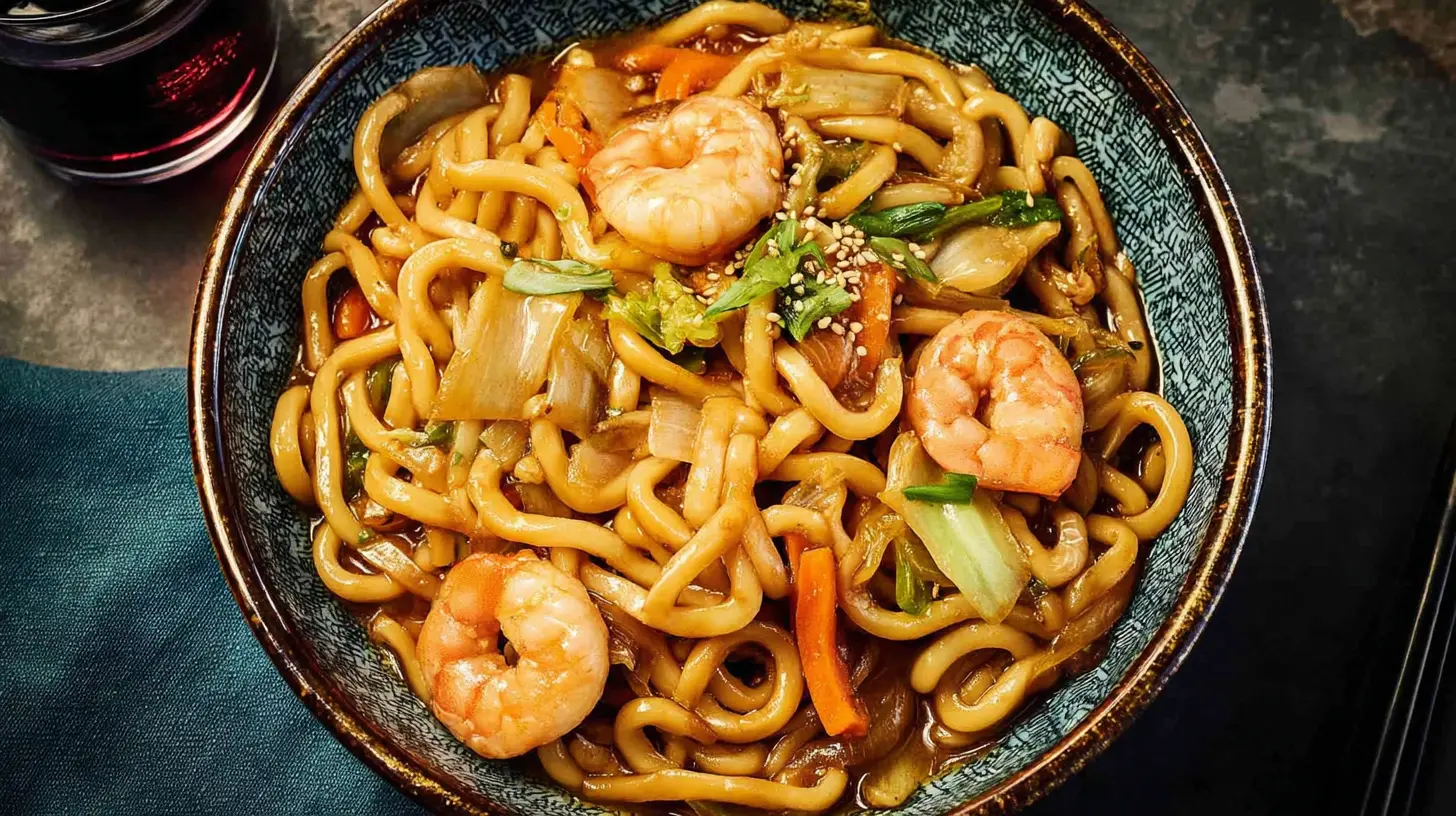 Close-up of stir-fried Yaki Udon noodles generously mixed with shrimp and sauce.