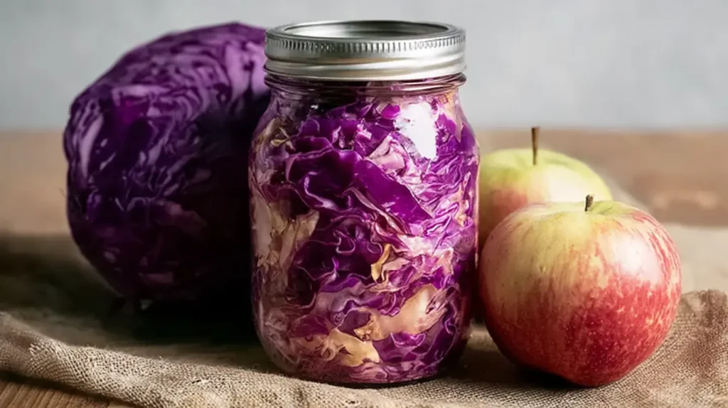 Freshly made gingery apple cabbage sauerkraut in a bowl