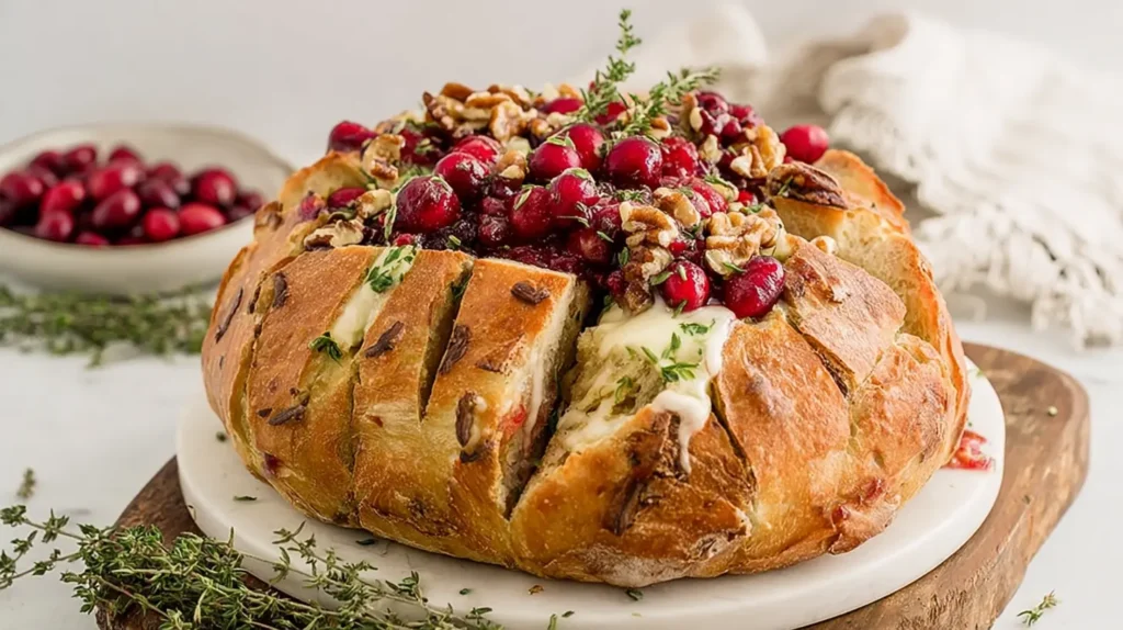 A freshly baked artisan cranberry brie sourdough bread, sliced to show the filling.