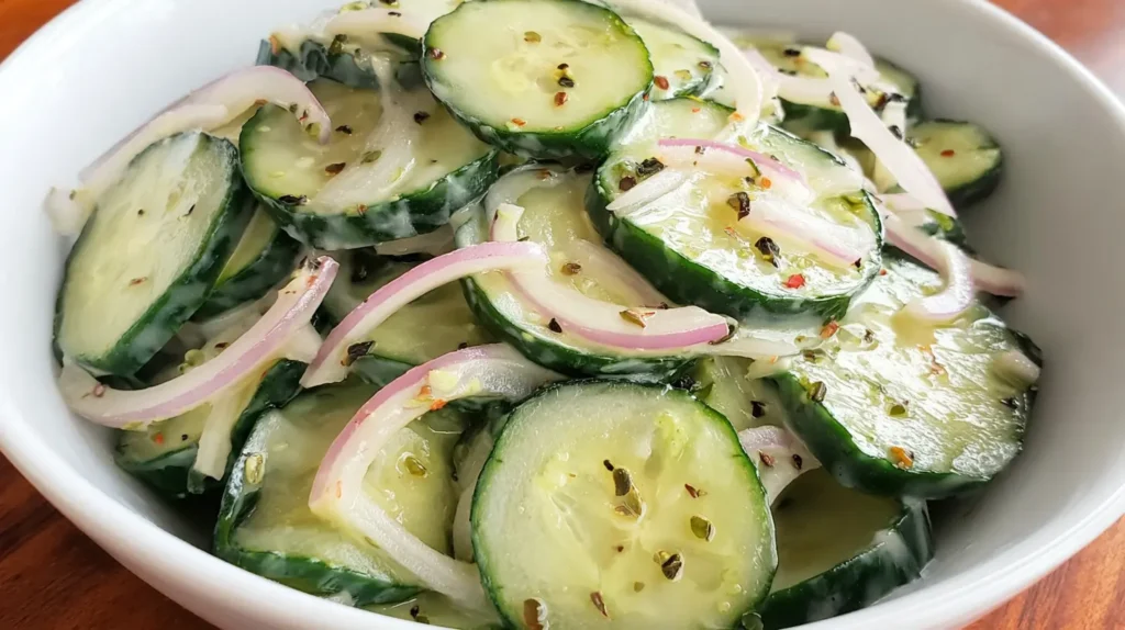 Creamy Asian cucumber salad with thinly sliced cucumbers and fresh herbs.