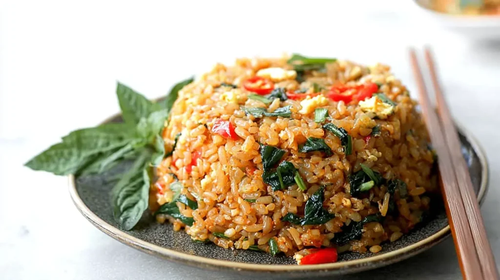 Close-up of traditional Thai fried rice garnished with lime and cilantro