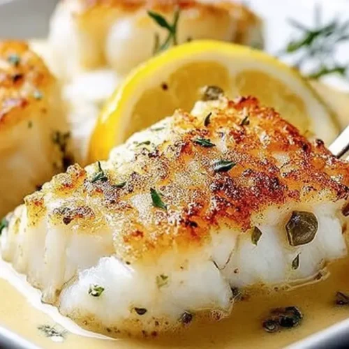 Baked cod in a rich coconut lemon cream sauce, garnished with fresh herbs