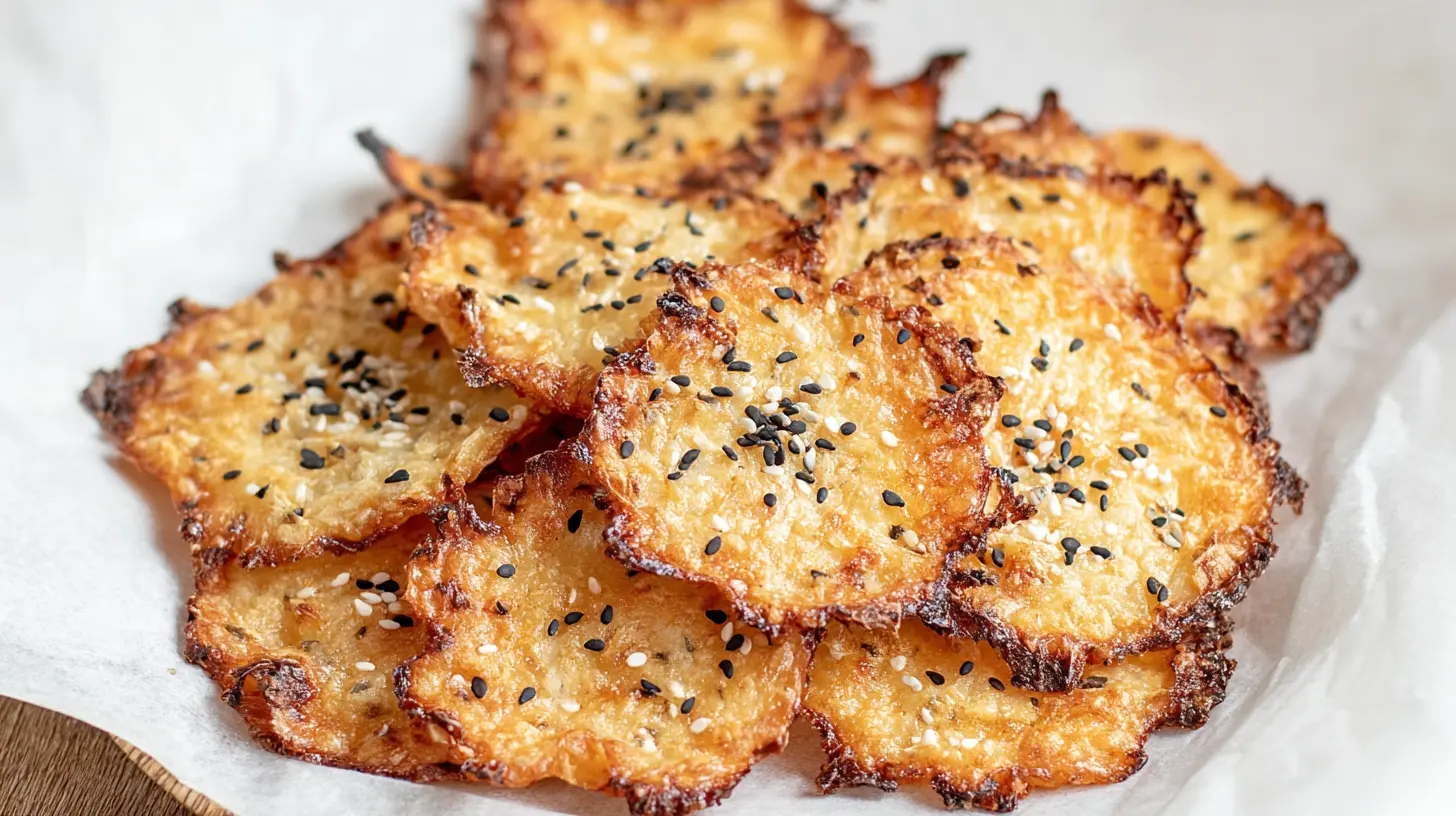 Delicious cottage cheese chips arranged neatly on a baking sheet, ready to eat.