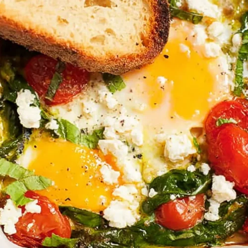 Baked feta eggs with vibrant tomatoes and fresh spinach in a pan.