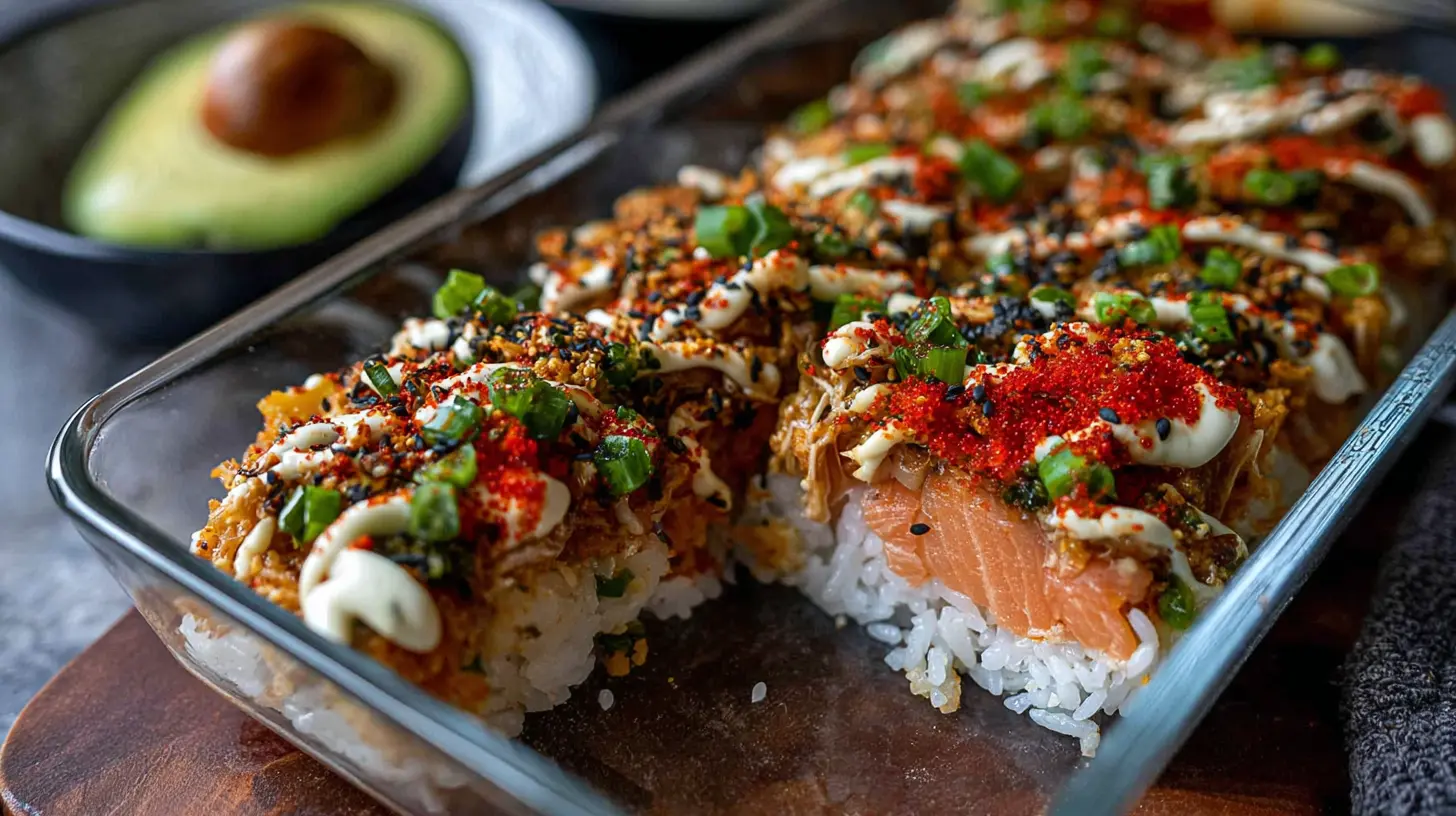 Oven-baked spicy salmon sushi with a creamy topping
