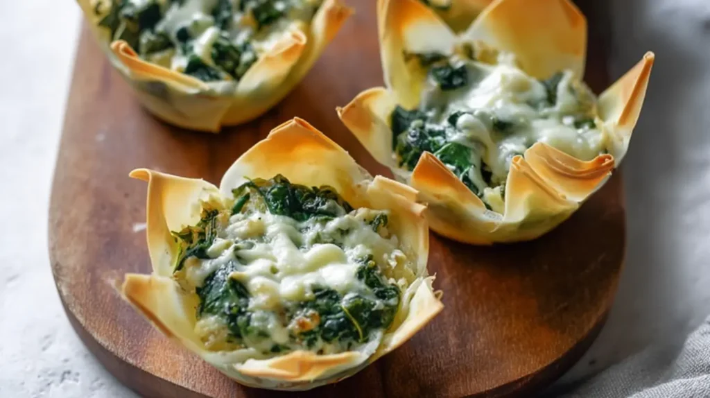 Baked wonton cups filled with spinach and artichoke dip