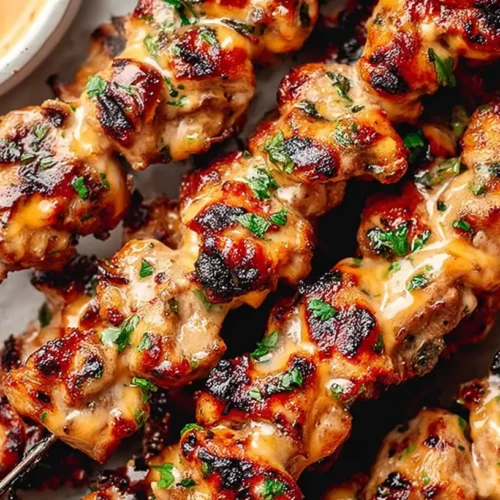 Delicious Bang Bang Chicken Skewers with peanut sauce.