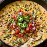 Close-up of a rich, cheesy Cowboy Queso recipe, perfect for a crowd.